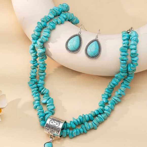 WesternTurquoise Silver Peacock Tail Pendant Summer Earring Necklace Set-(#0172) - Picture 2 of 3
